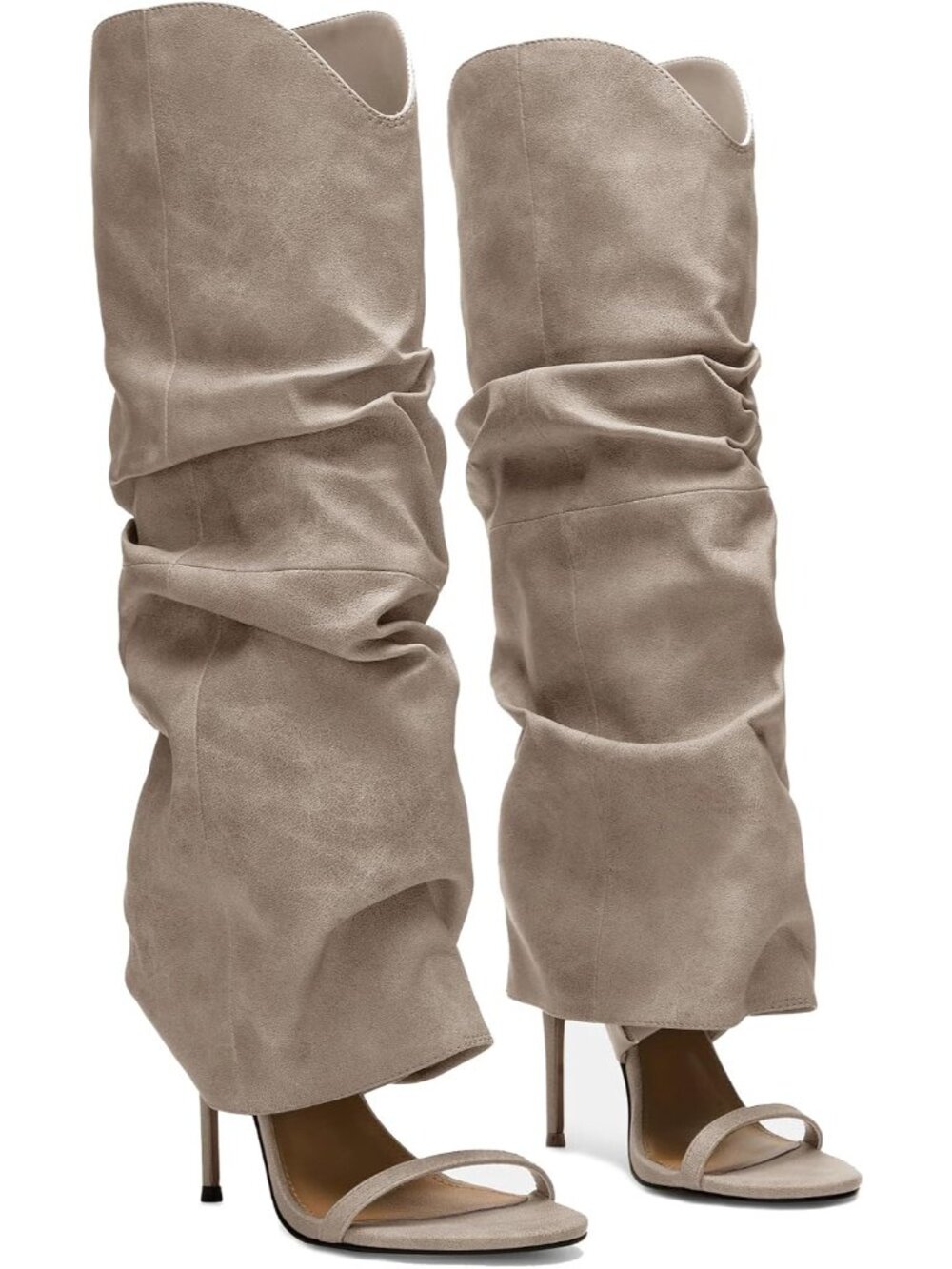 Women's Gray Slouchy Knee High Boots Open Toe High Heel Sandals Boots Pull On
